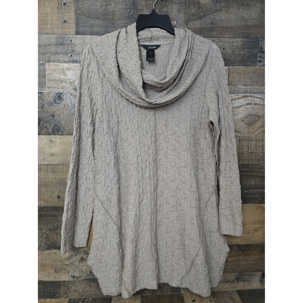 Ali Miles Cowl Neck Tunic Top Women Small Taupe Crinkle Lagenlook Artsy Boho